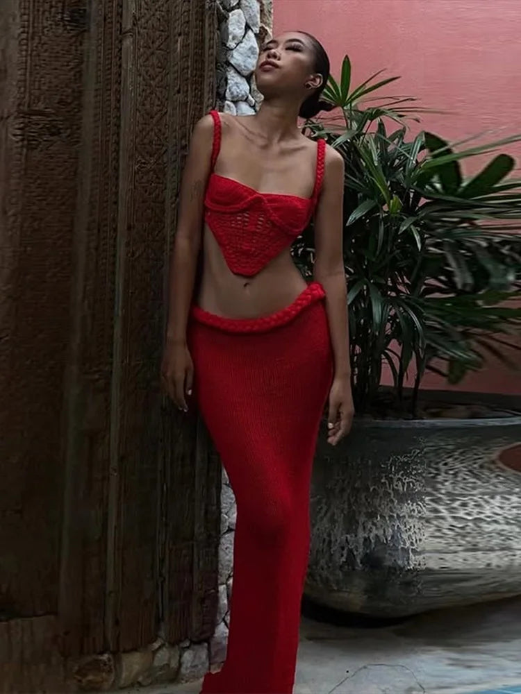 Halter Knitted Vest Bikini Top Split Fishtail Skirt Set Crochet Hollow Out Beach Swimsuit Sexy Backless Suspender Long Skirts - Sun Studio