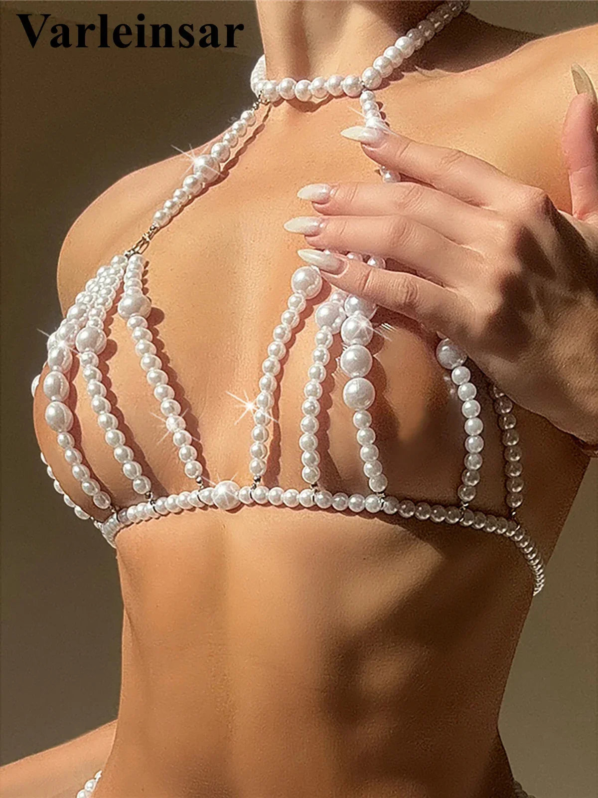Luxury Pearls Halter See Through Bikini Top Female Swimsuit Women Swimwear Bather Bathing Suit Swim Hollow Out Beach Top V5407 - Sun Studio