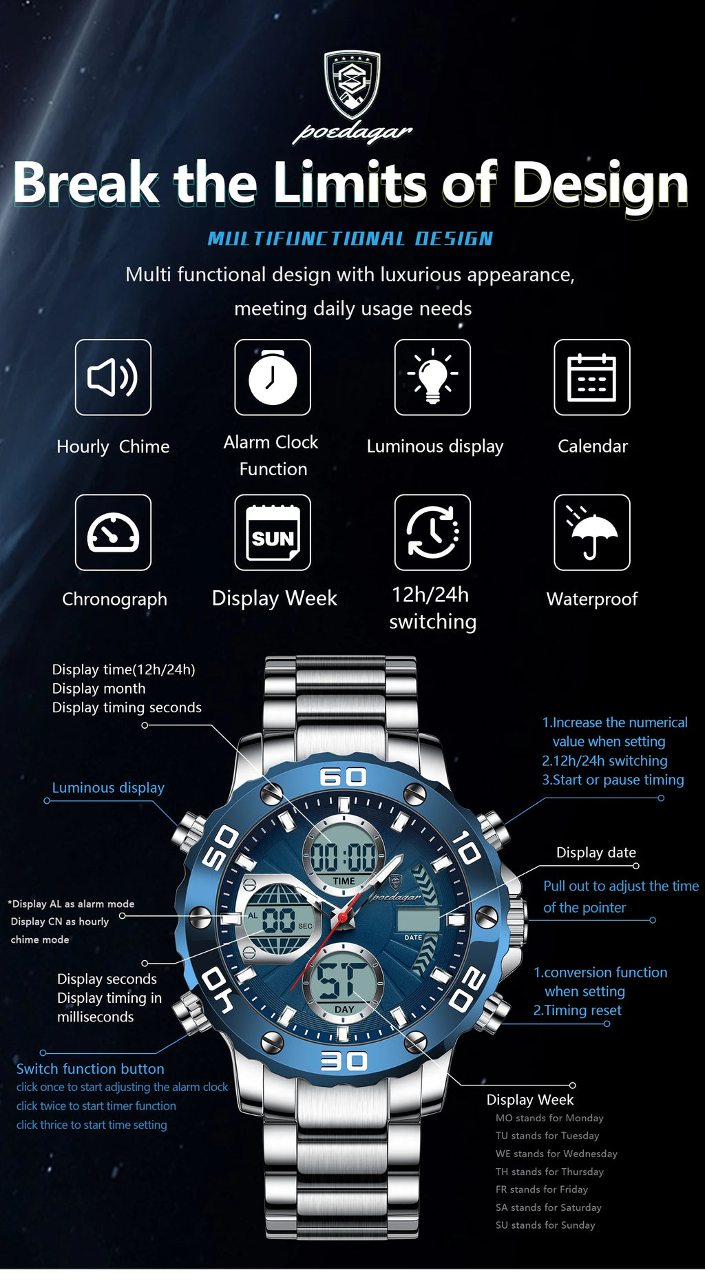 POEDAGAR Military Men's Quartz Wristwatch LED Alarm Dual Display Men Watch Electronic Waterproof Outdoor Sports Watches for Men - Sun Studio