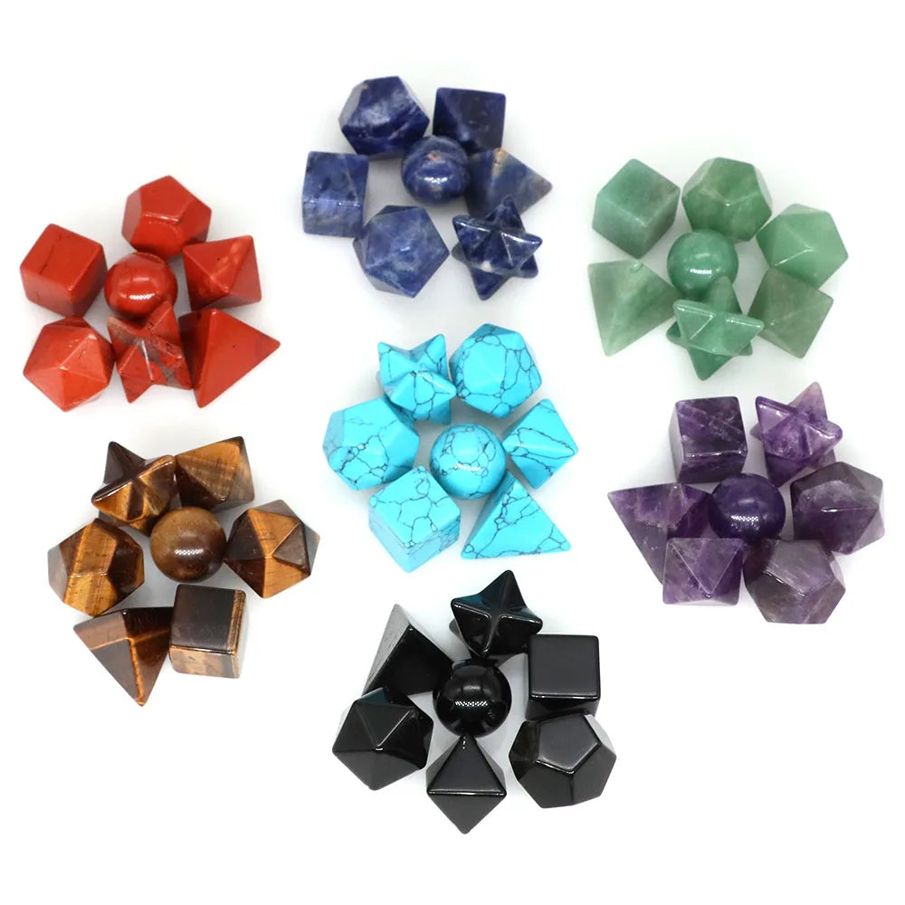 7 Chakra Platonic Sacred Stones Geometry Set Natural Reiki Healing Crystal for Meditation Therapy Balancing Spiritual Home Decor - Sun Studio