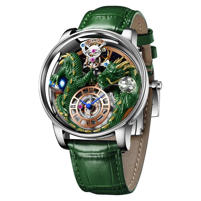 PINDU Design New 3D Dragon Earth Theme Quartz Watches Men Celestial Series Curved Mirror Transparent Design Watch Wristwatches - Sun Studio