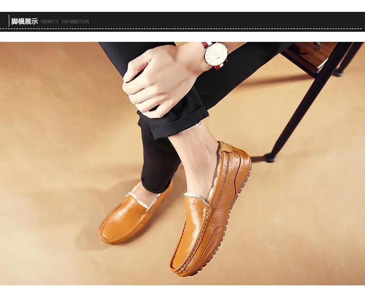 Winter Fur Loafers Men Casual Shoes Cotton Leather Dress Shoes Slip-on Flats Plush Man Moccasins Fleece Lined Driving Shoes - Sun Studio