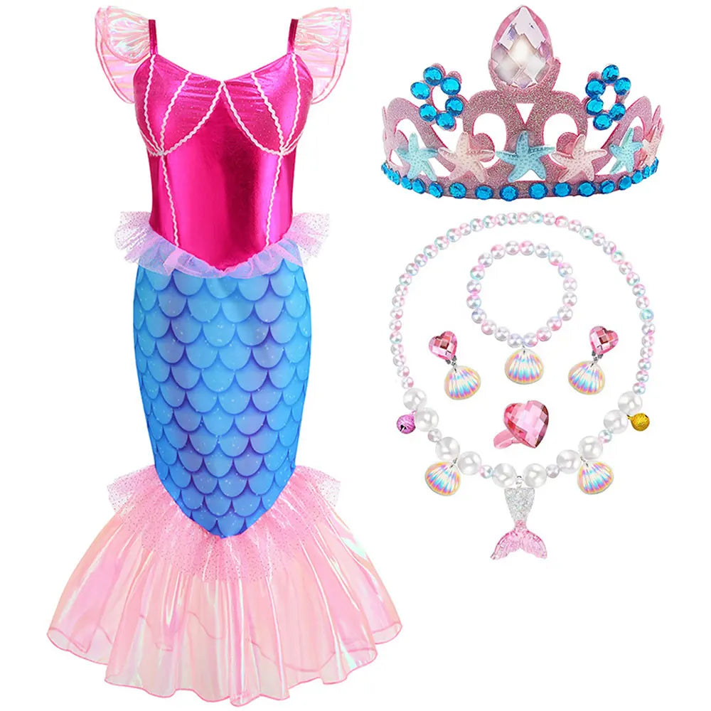 Disney Blue Red Purple Three Colors Mermaid Flying Sleeve Fishtail Beautiful Dress For Girl Summer Beach Party Cool Swimsuit Set - Sun Studio