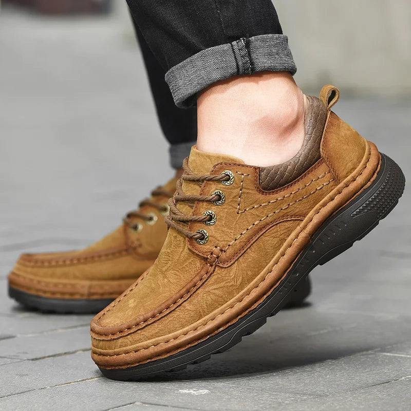 Genuine Leather Mens Loafers Anti-slip Rubber Man Casual Shoes Vintage Style Walk Shoes Slip-On Hiking Footwear Luxury Moccasins - Sun Studio