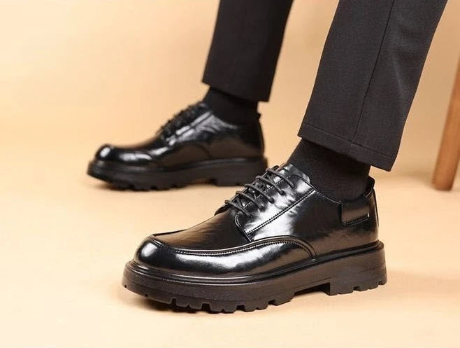 Round Toe Height Increasing Thick Sole Black Leather Shoes for Men Low Price High Quality Social Fashion New in Man Casual Shoe - Sun Studio