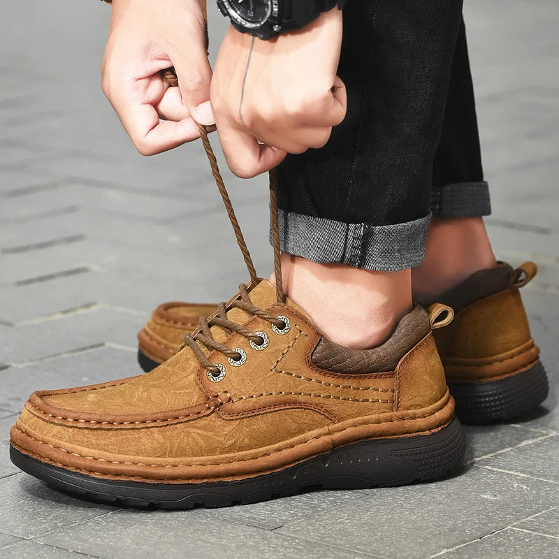 Genuine Leather Mens Loafers Anti-slip Rubber Man Casual Shoes Vintage Style Walk Shoes Slip-On Hiking Footwear Luxury Moccasins - Sun Studio