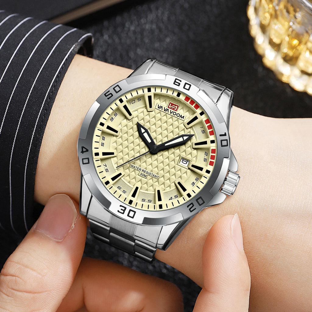 VA VA VOOM Mens Casual Sport Military Quartz Calendar Watches for Man Business Stainless Steel Waterproof Clock Relogio Masculin - Sun Studio