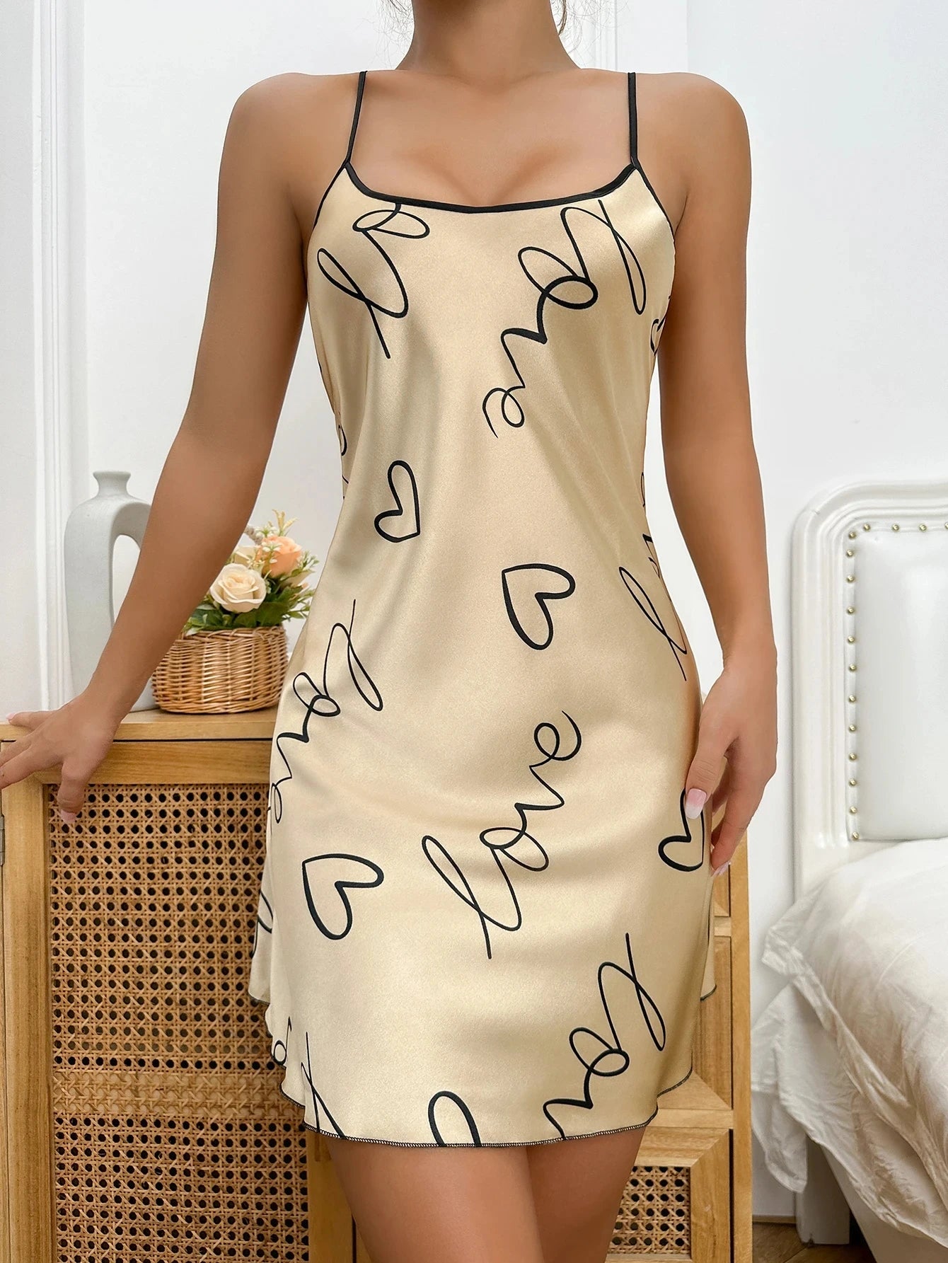 Heart Letter Print Nightdress Casual Round Neck Spaghetti Strap Sleep Dress Women's Sleepwear Dresses - Sun Studio