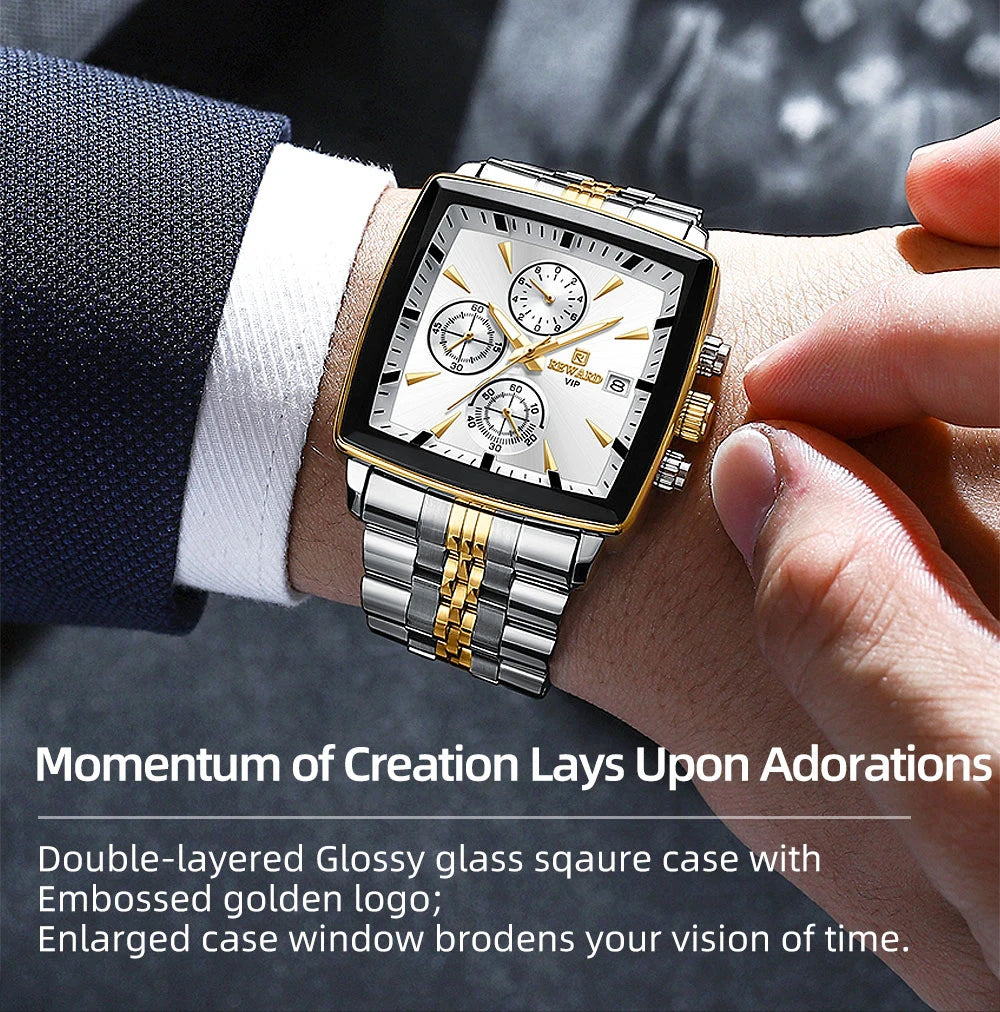 REWARD Fashion Square Dial Watch for Men Stainless Steel Waterproof Quartz Chronograph Mens Watches Luxury Sport Male Clock - Sun Studio