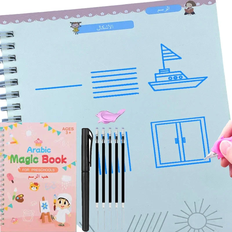 Kids Arabic Copybooks with Pen Practic Reusable Magical Writing Book Free Wiping Children Handwriting Early Learn - Sun Studio