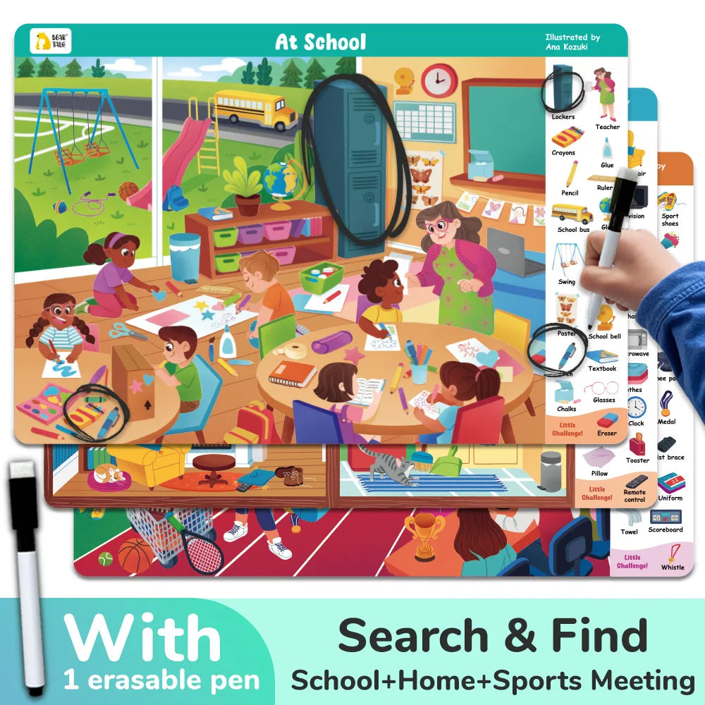 Search and Find Game Looking for Different 3 Themes Interactive Activity Painting Kit Drawing Books with Reusable Pen - Sun Studio