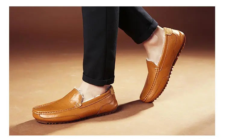Winter Fur Loafers Men Casual Shoes Cotton Leather Dress Shoes Slip-on Flats Plush Man Moccasins Fleece Lined Driving Shoes - Sun Studio