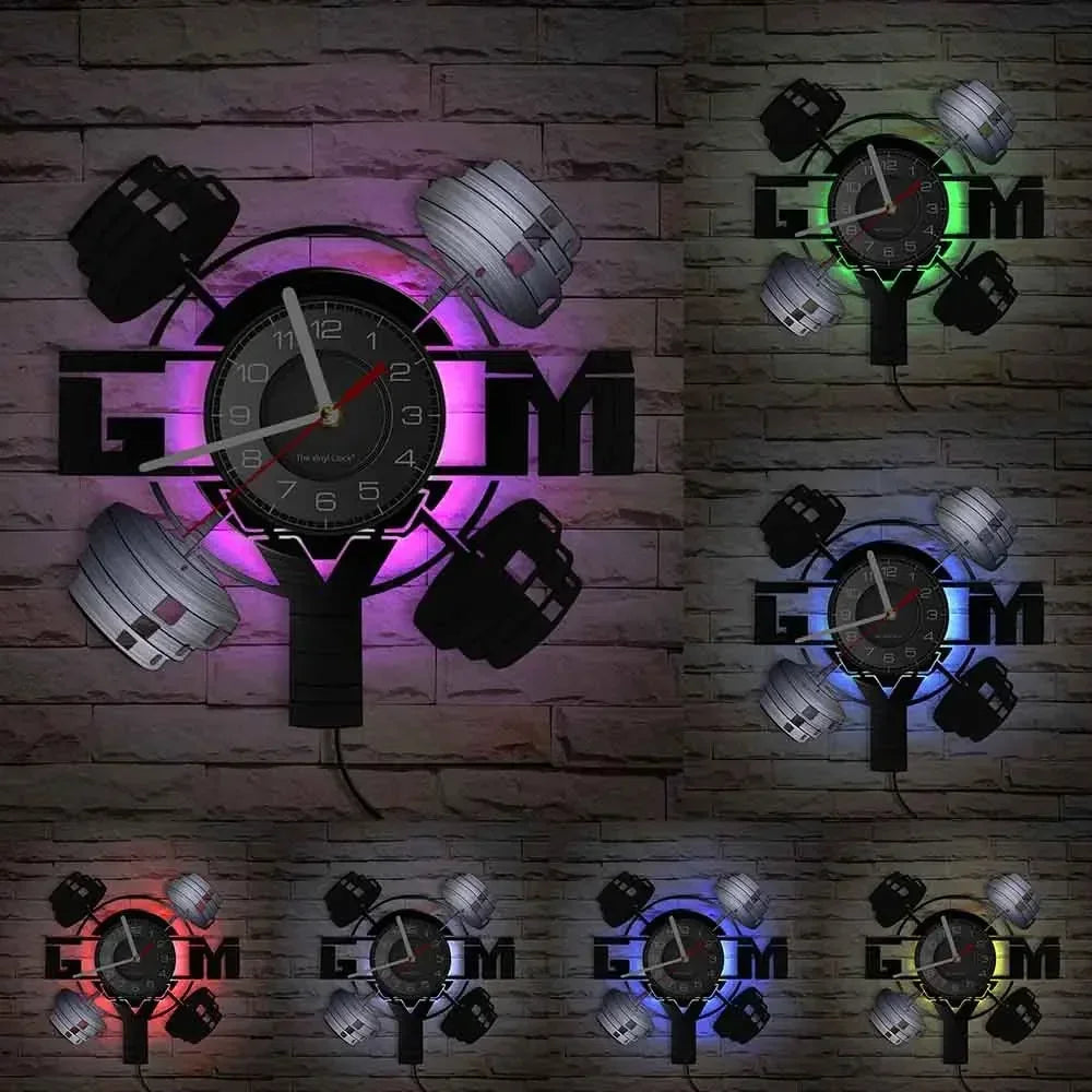 Fitness Equipment Theme Vinyl Record Fitness Wall Clock Home Decoration LED Backlight Modern Fitness Watch