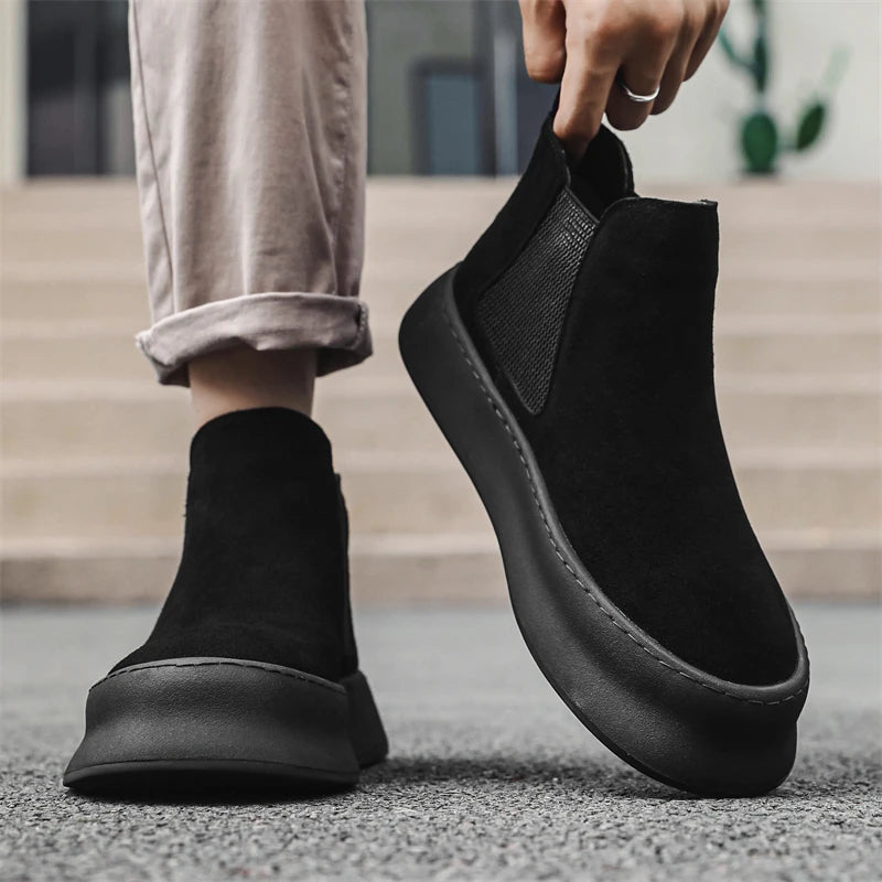 Fashion Brand Men Genuine Leather Mid Top Boots with British Style Autumn Winter Men Anti Slip and Wear-resistant Chelsea Boots - Sun Studio
