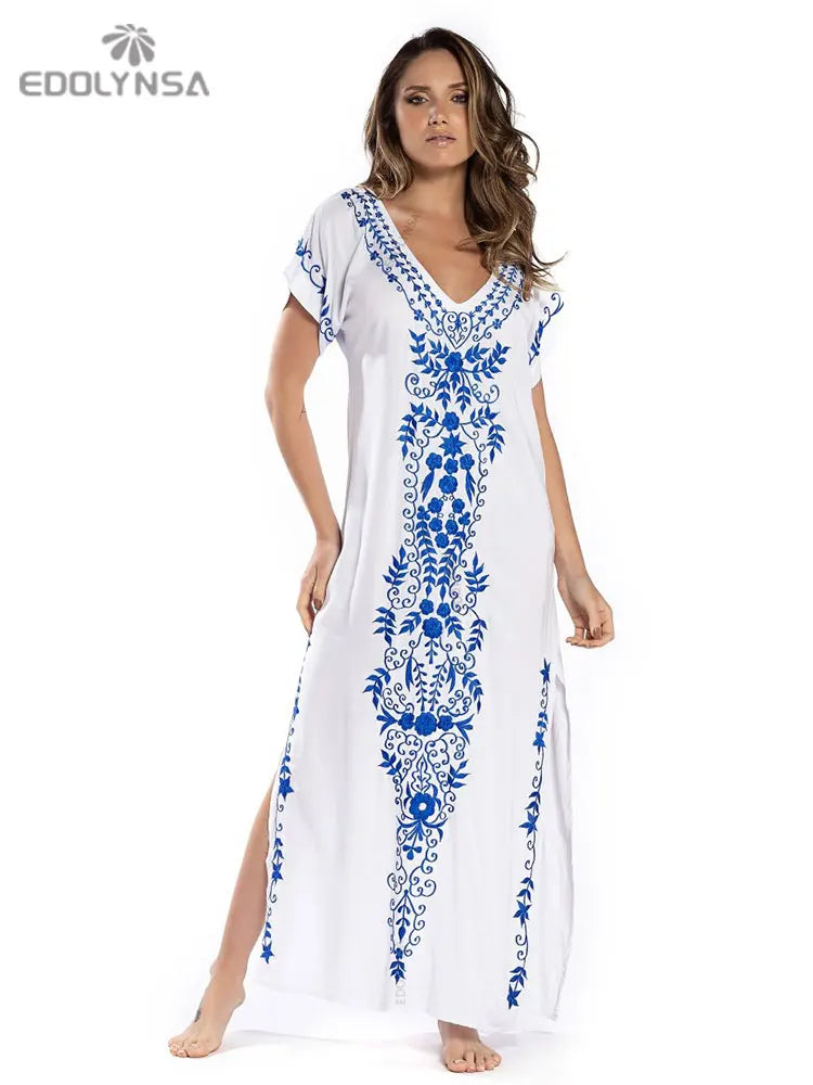 2023 Embroidery Kaftan Beach Cover Up Saida de Praia Swimsuit Women Bikini Cover-ups Tunic for Beach Pareo Sarong Beachwear Q790 - Sun Studio