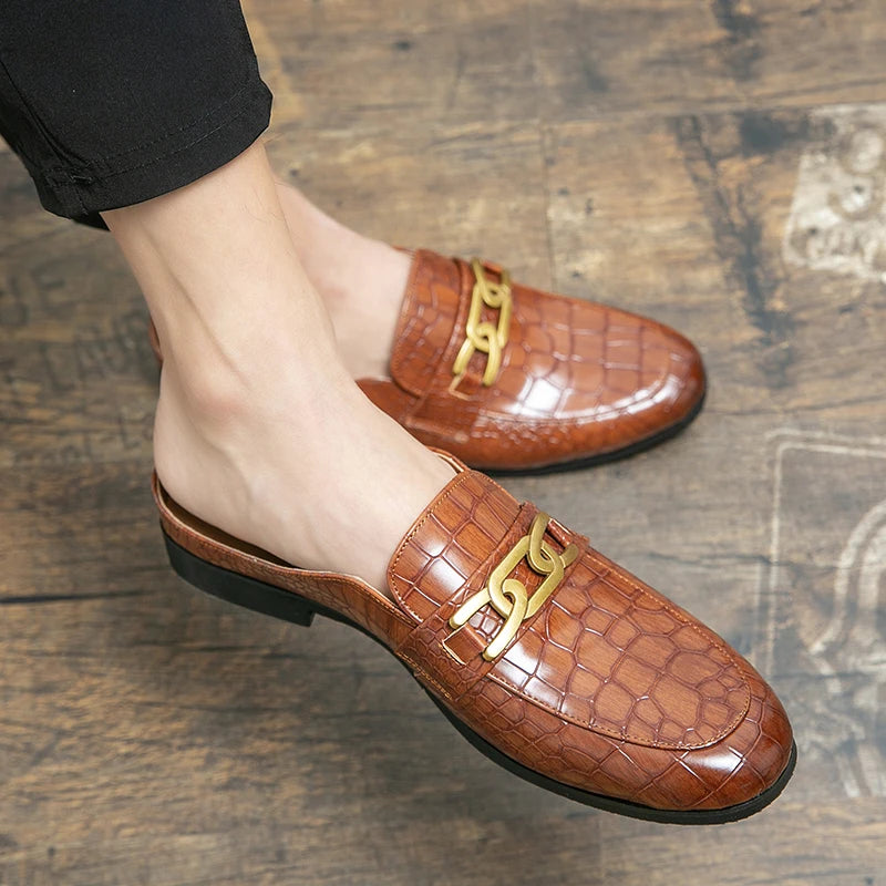 100% Genuine Leather Black Men’s Half Shoes For Men Shoes Mules Casual Designer Shoes Fashion Loafers Luxury Black Slippers 2022