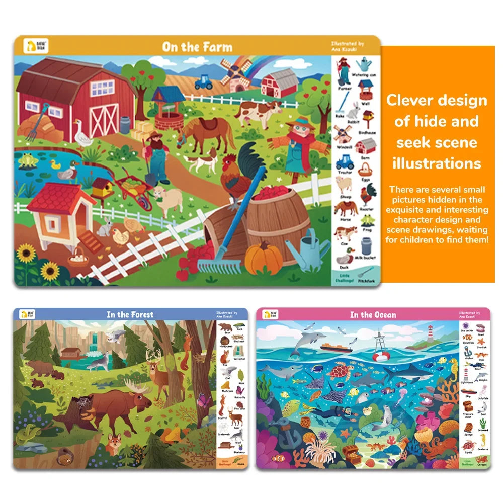 Search and Find Game Looking for Different 3 Themes Interactive Activity Painting Kit Drawing Books with Reusable Pen - Sun Studio