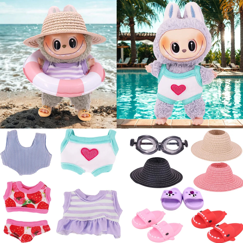 For Labubu Doll Clothes Swimsuit Cute Shark Slippers 15-17Cm Plush Doll Glasses Straw Hat,For labubu Accessories Holiday Gifts - Sun Studio