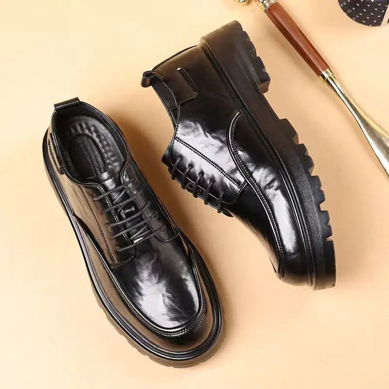 Round Toe Height Increasing Thick Sole Black Leather Shoes for Men Low Price High Quality Social Fashion New in Man Casual Shoe - Sun Studio