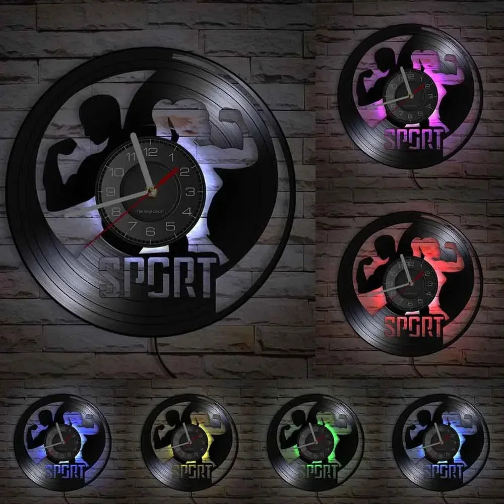 Fitness Equipment Theme Vinyl Record Fitness Wall Clock Home Decoration LED Backlight Modern Fitness Watch