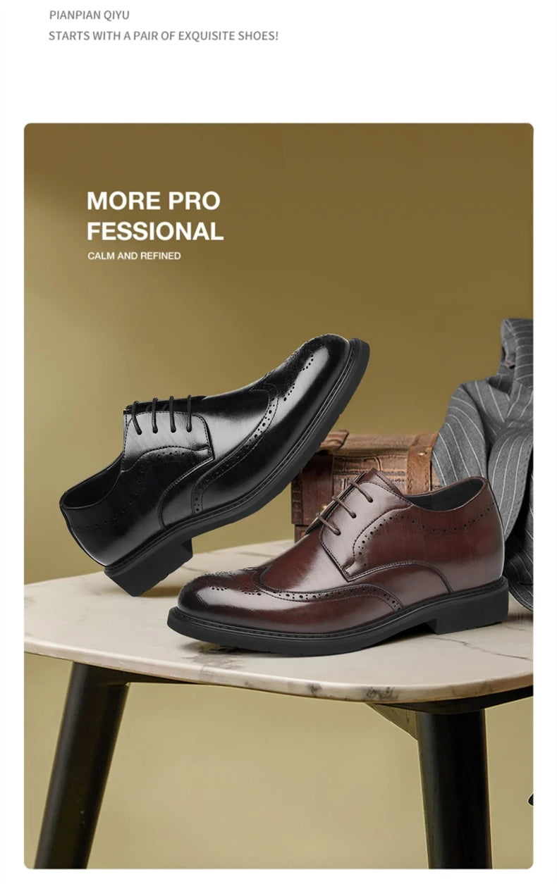 Men's Dress Brogues Elevator Shoes Platform Breathable Casual Business Luxury Genuine Leather Heightening Shoes 6 8CM Taller Man - Sun Studio
