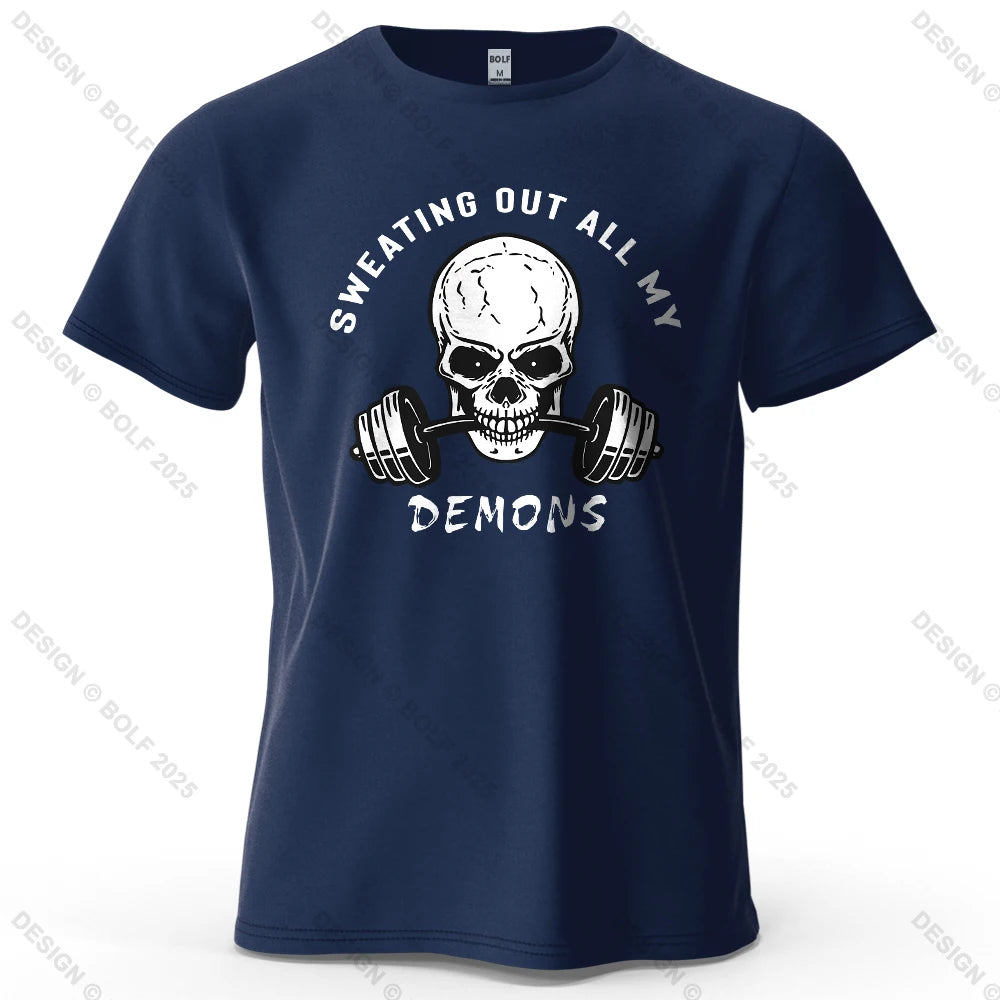 Fitness Skull Motivated Printed Men's T-Shirt 100% Cotton Oversized Gym Graphic Tees for Women Tops Tees Casual Streetwear - Sun Studio