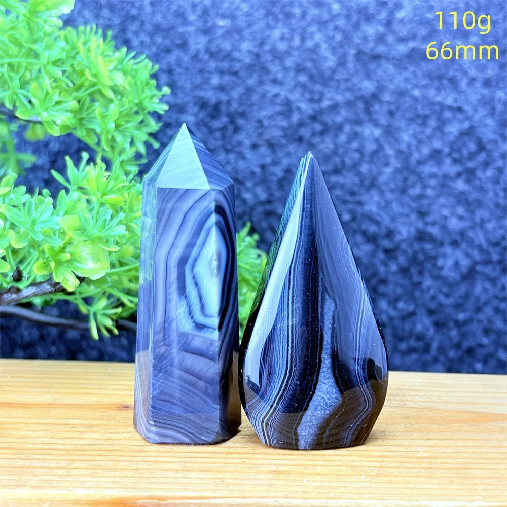 Natural Gemstone Black Onyx Stripes Free Form Torch Reiki Healing Shape Meditation Home Decor Feng Shui Warning Evil - Sun Studio