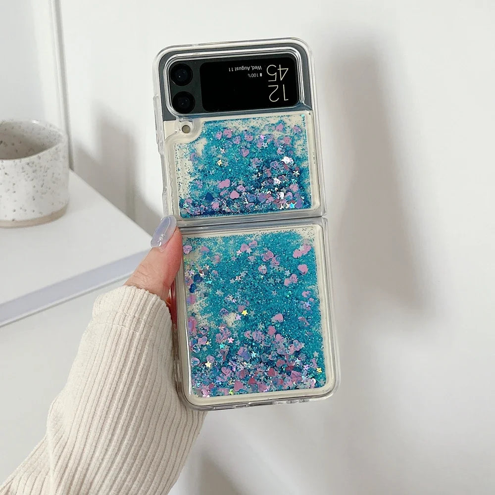 for Samsung Z Flip 7 Luxury Glitter Quicksand Case For Samsung Galaxy Z Flip 7 6 5 4 3 ZFlip 7FE Gradient Love Heart Bling Cover - Sun Studio