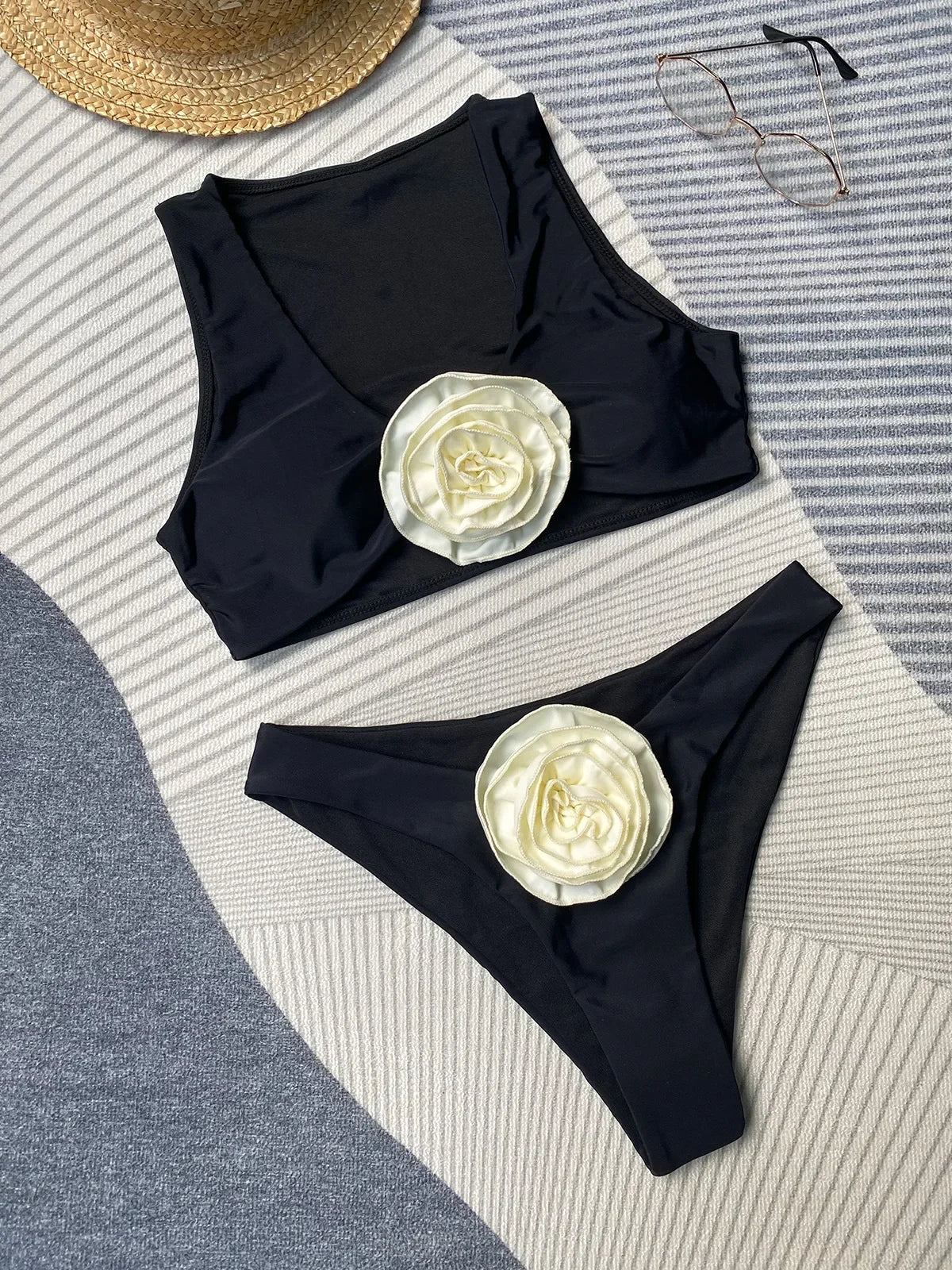 2026 New Sexy White 3D Flower Solid Two Piece Push Up Bikini Set Luxury Swimwear Women Swimsuit Beachwear Summer Bathing Suit - Sun Studio