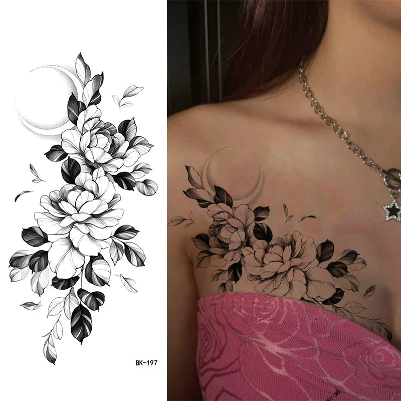 Black White Temporary Transfer Tattoos Floral Butterfly Lettering Line Art Waterproof Body Stickers for Music Festival Party
