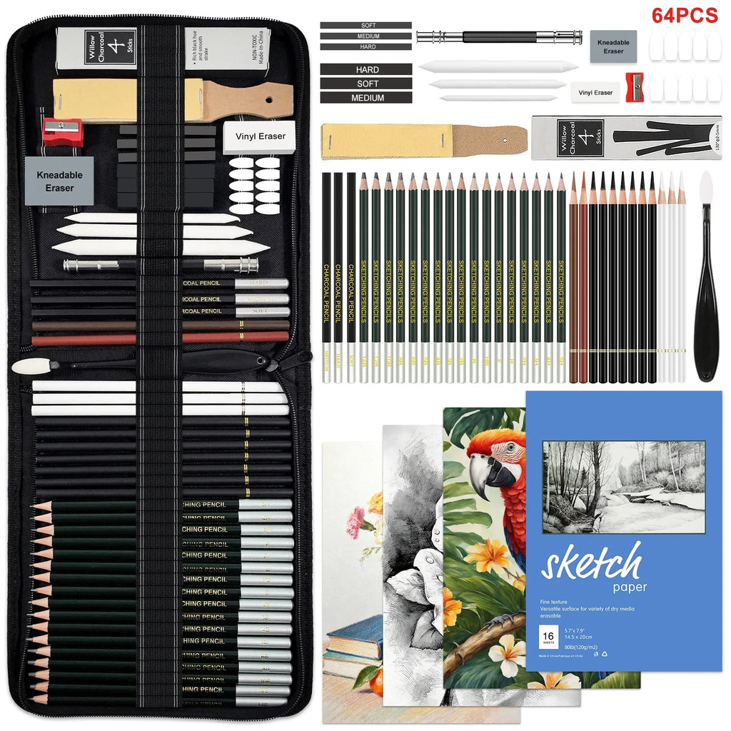 14/18/29/38/44/64 PCS Drawing Set Sketching Kit,Sketch Pencils Art Supplies with Graphite,Charcoal,Blending Tools & Accessories - Sun Studio