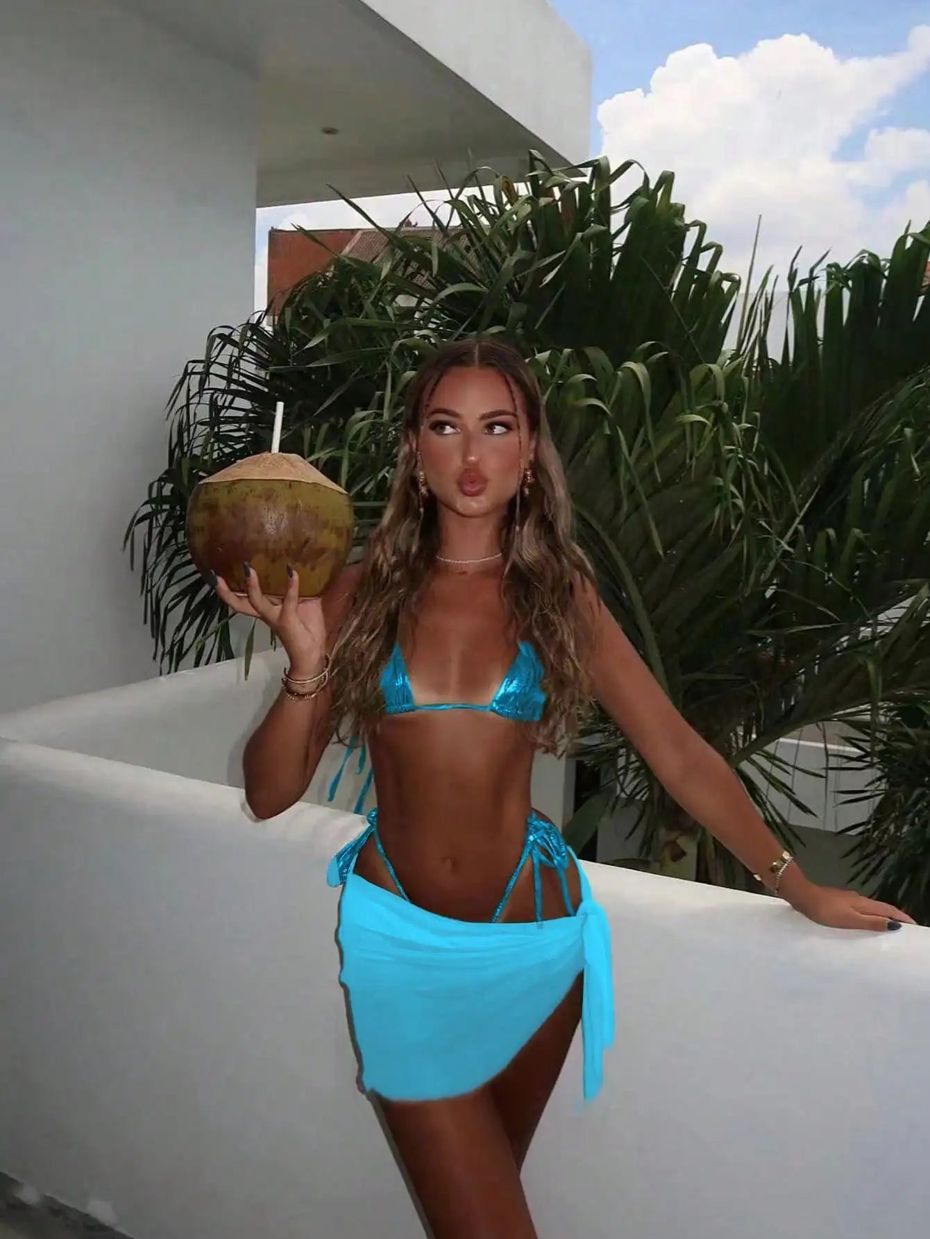 Sexy swimsuit bikini three-piece swimsuit with cut-out blue fabric mesh skirt - Sun Studio