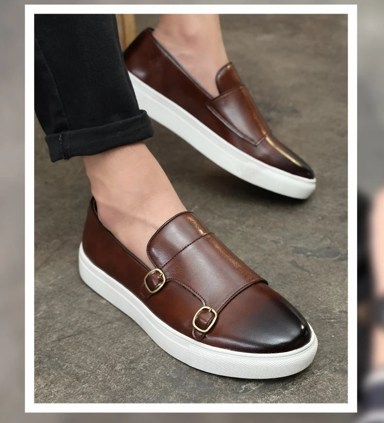 Fashion Man Casual Shoes Leather Men's Retro British Style Loafers Slip-on Outdoor Flats Double Monk Business Daily Shoe - Sun Studio