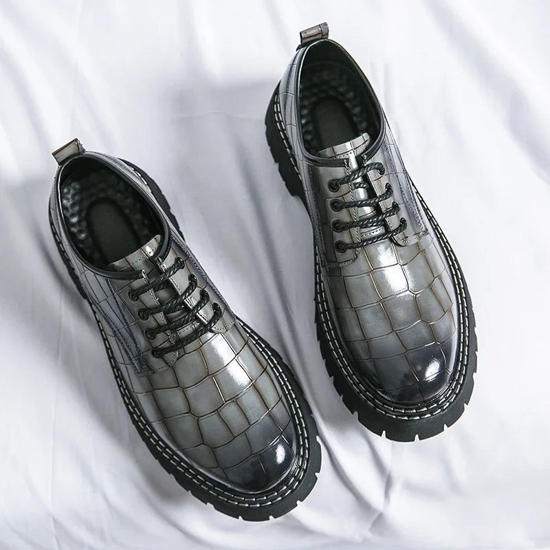 New Black Men Shoes Lace-up  Round Toe Stone Pattern Brown Gray Men Dress Shoes Size 38-46