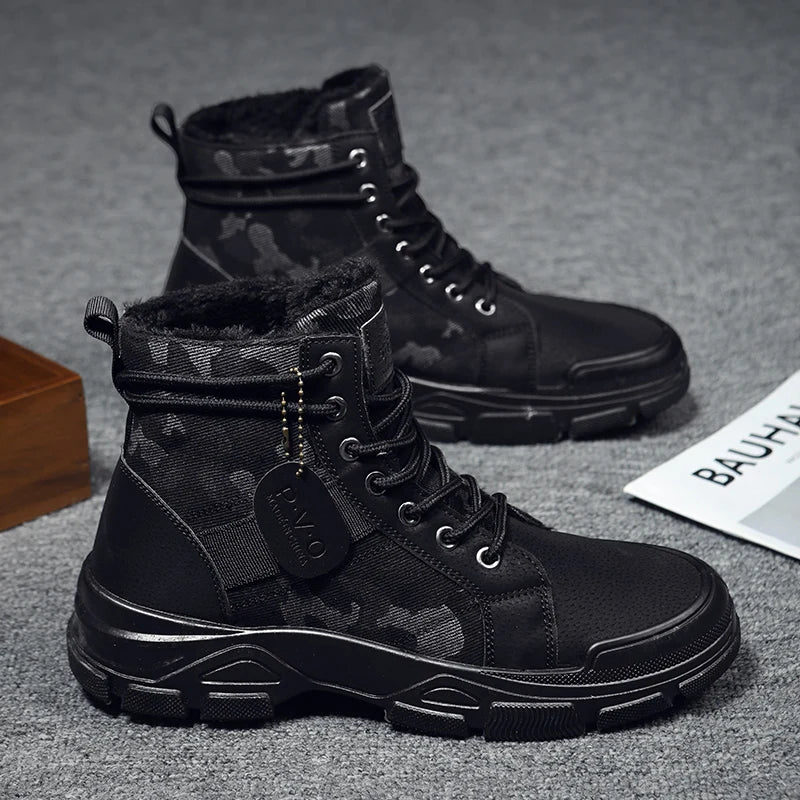 New Men's Winter Camouflage Ankle Boots Fur Lined Warm Non-Slip Outdoor Tactical Work Boots for Male - Sun Studio