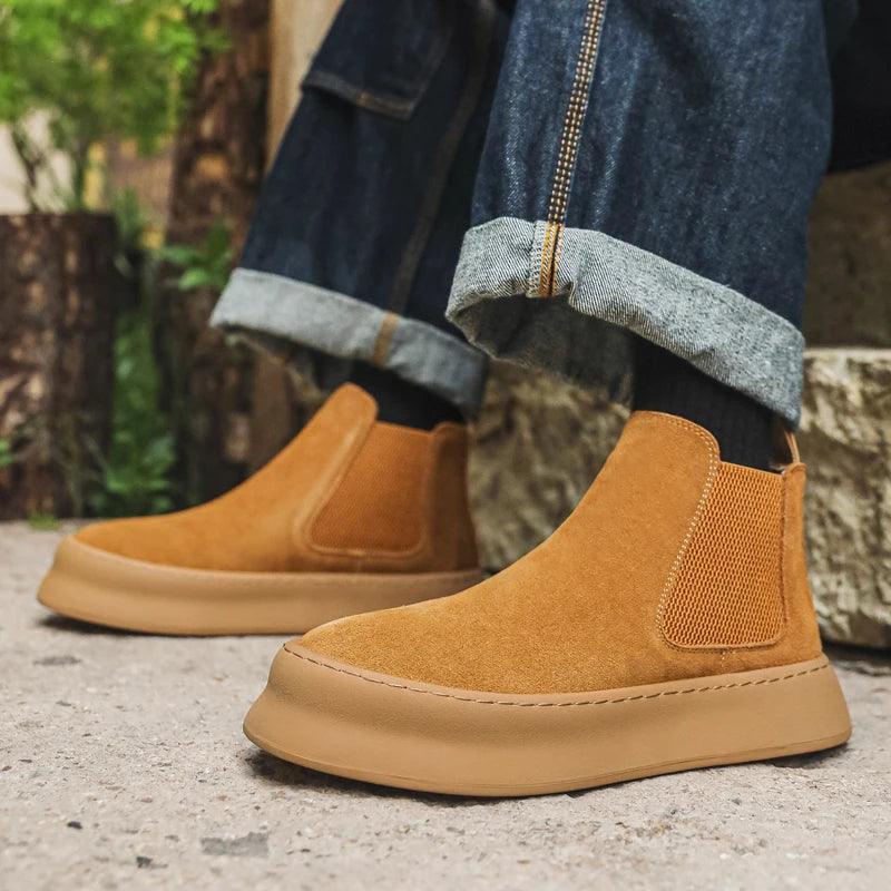 Fashion Brand Men Genuine Leather Mid Top Boots with British Style Autumn Winter Men Anti Slip and Wear-resistant Chelsea Boots - Sun Studio