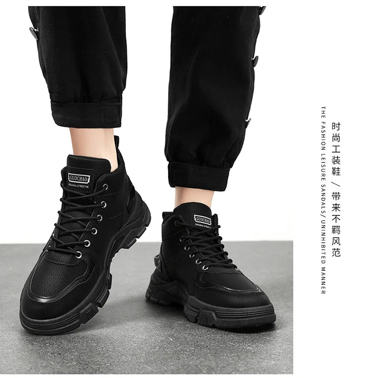 2026 new Men's High Top Boots Trendy Black Motorcycle Boots Outdoor Warm Platform Boots Men Lace-up Leather Boot Bota Masculina - Sun Studio
