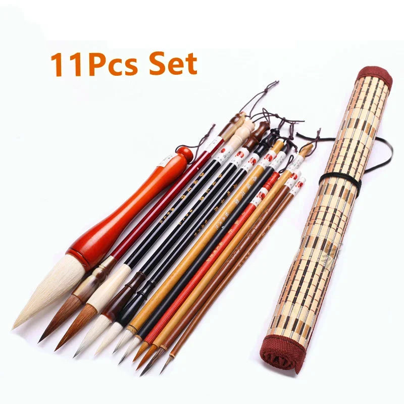 7/11Pcs Chinese Calligraphy Brush Set Kanji Japanese Sumi Painting Drawing Artist Writing Brushes With Roll-up Bamboo Pen Bag