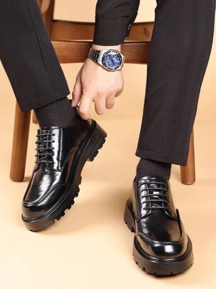 Round Toe Height Increasing Thick Sole Black Leather Shoes for Men Low Price High Quality Social Fashion New in Man Casual Shoe - Sun Studio