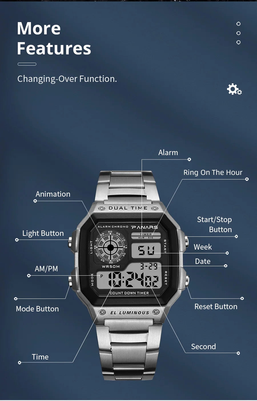 PANARS Top Luxury Stainless Steel Strap Sport Watches Mens Waterproof Back Light Digital Wristwatch Male Alarm - Sun Studio