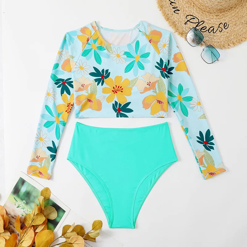 2025 Bikini Set High Waist Swimsuit Vintage Retro Swimwear Women Swimsuit Bathing Suit Beachwear Long Sleeves Female Swim Suits - Sun Studio