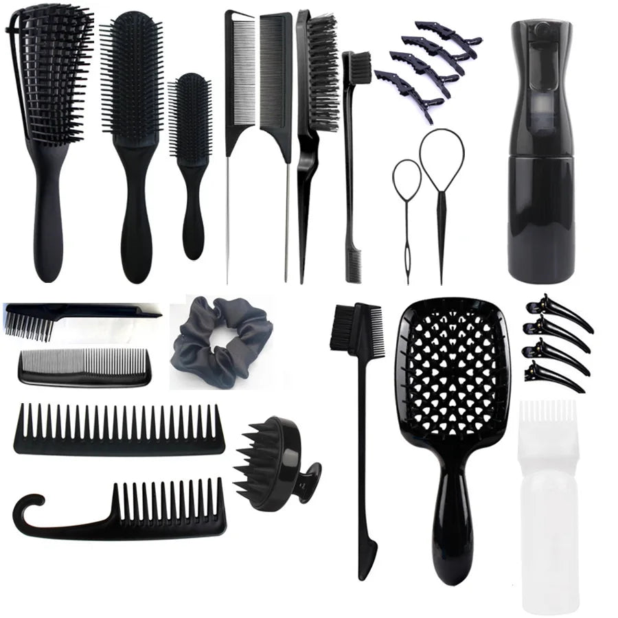 Hair Brush Comb Set with Spray Bottle & Scalp Massager, Wet Dry Curly Hair Detangling Kit, Wide Tooth Combs for Women Men - Sun Studio