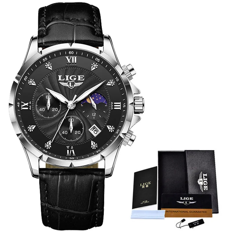 LIGE New Quartz Watches for Men Top Brand Luxury Leather Fashion Military Watch Men Sport Waterproof Chronograph Montre Homme - Sun Studio