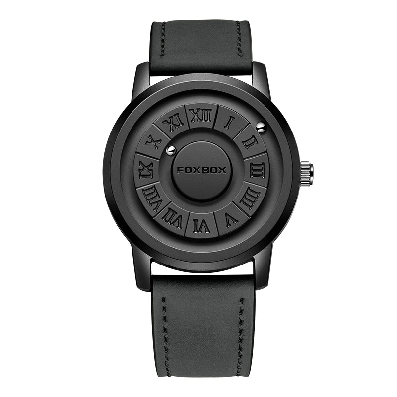 FOXBOX Montre à quartz pour homme, mode, personnalité, créative, boule de fer défilante, pointeur magnétique, étanche pour montres masculines, cadeau + boîte