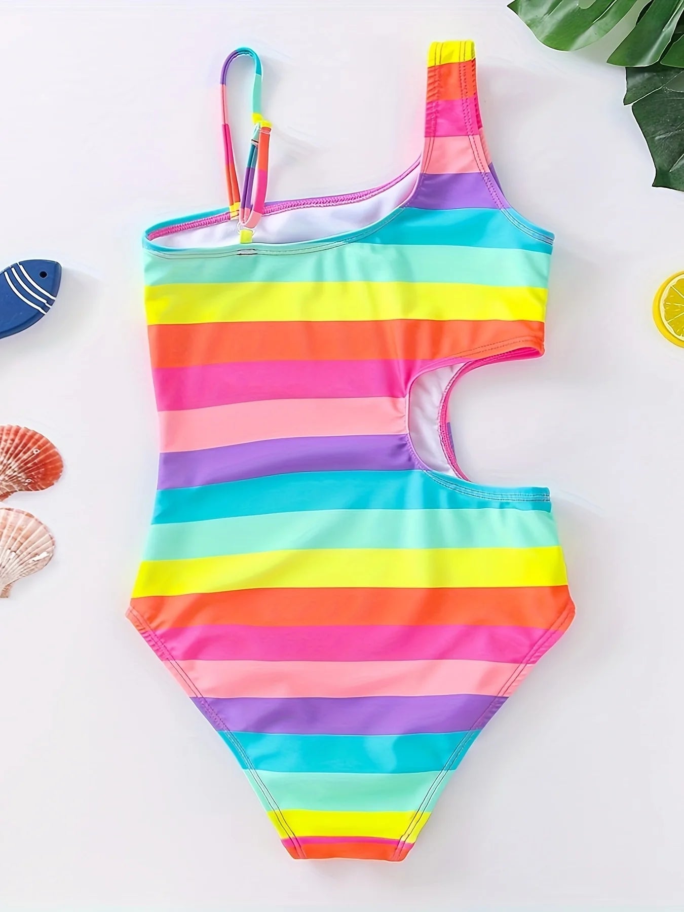 Summer Toddler Girls' Rainbow Horizontal Striped Exposed Waist Casual One-piece Swimsuit - Sun Studio