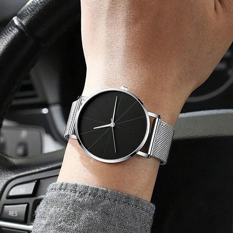 Mens Fashion Business Quartz Wristwatch Fashion Calendar Men Watch Stainless Steel Mesh Belt Men Luxury Silver Bracelet Watches - Sun Studio