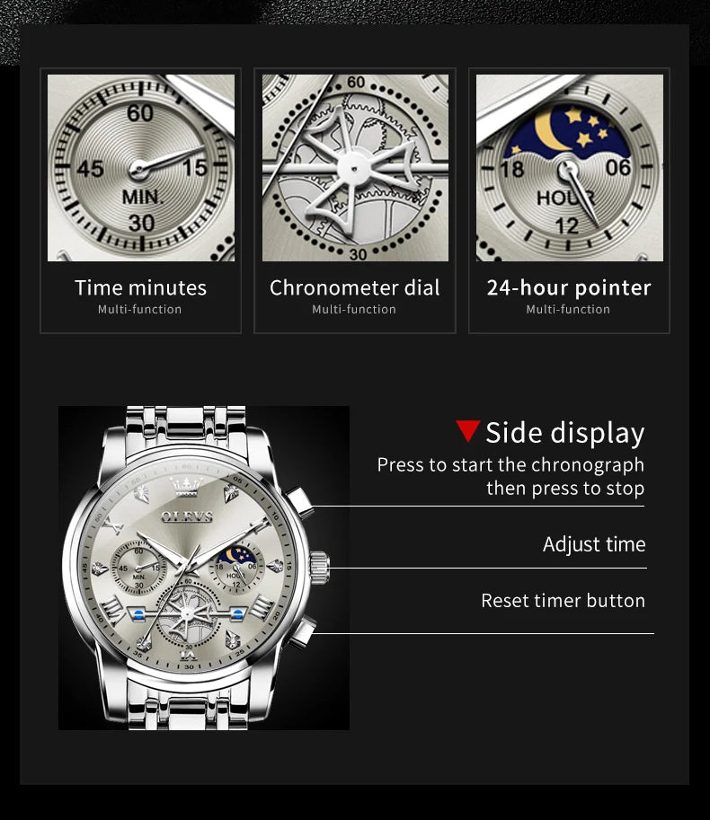 OLEVS Men's Watches Classic Multifunctional Flywheel Design Stainless steel Waterproof Moon Phase Men's Wristwatches 2024 Trend - Sun Studio
