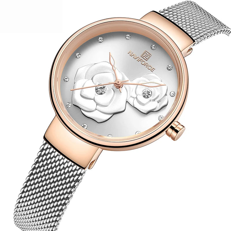 Women Watch NAVIFORCE Top Luxury Brand Steel Mesh Waterproof Ladies Watches Flower Quartz Female Wristwatch Charming Girl Clock - Sun Studio