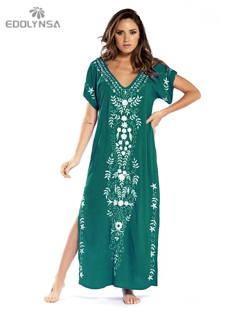 2023 Embroidery Kaftan Beach Cover Up Saida de Praia Swimsuit Women Bikini Cover-ups Tunic for Beach Pareo Sarong Beachwear Q790 - Sun Studio