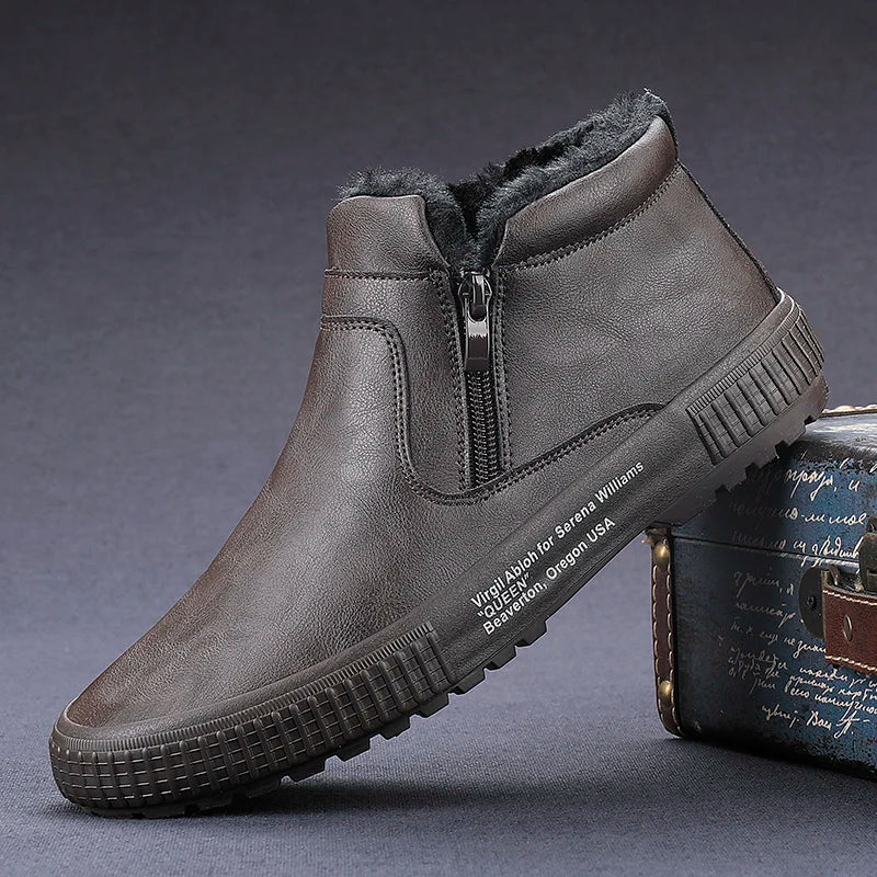 Man Winter Warm Leather Boots Warm Plush Inside High Tops Casual Shoes Slip on Keep Warm Thick Fur Men's Platform Ankle Boots - Sun Studio